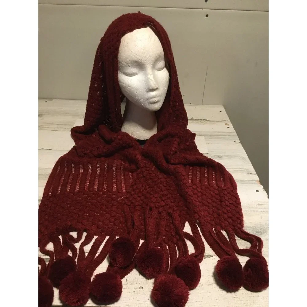 Burgundy 10.5”x72” scarf with pompom tassels